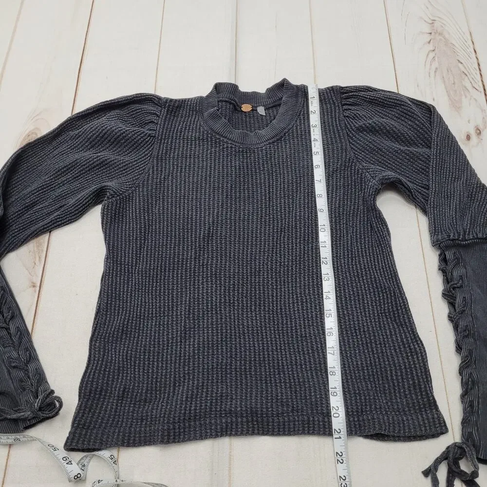 Free People One Tasha waffle knit thermal top puff lace up sleeves indie small